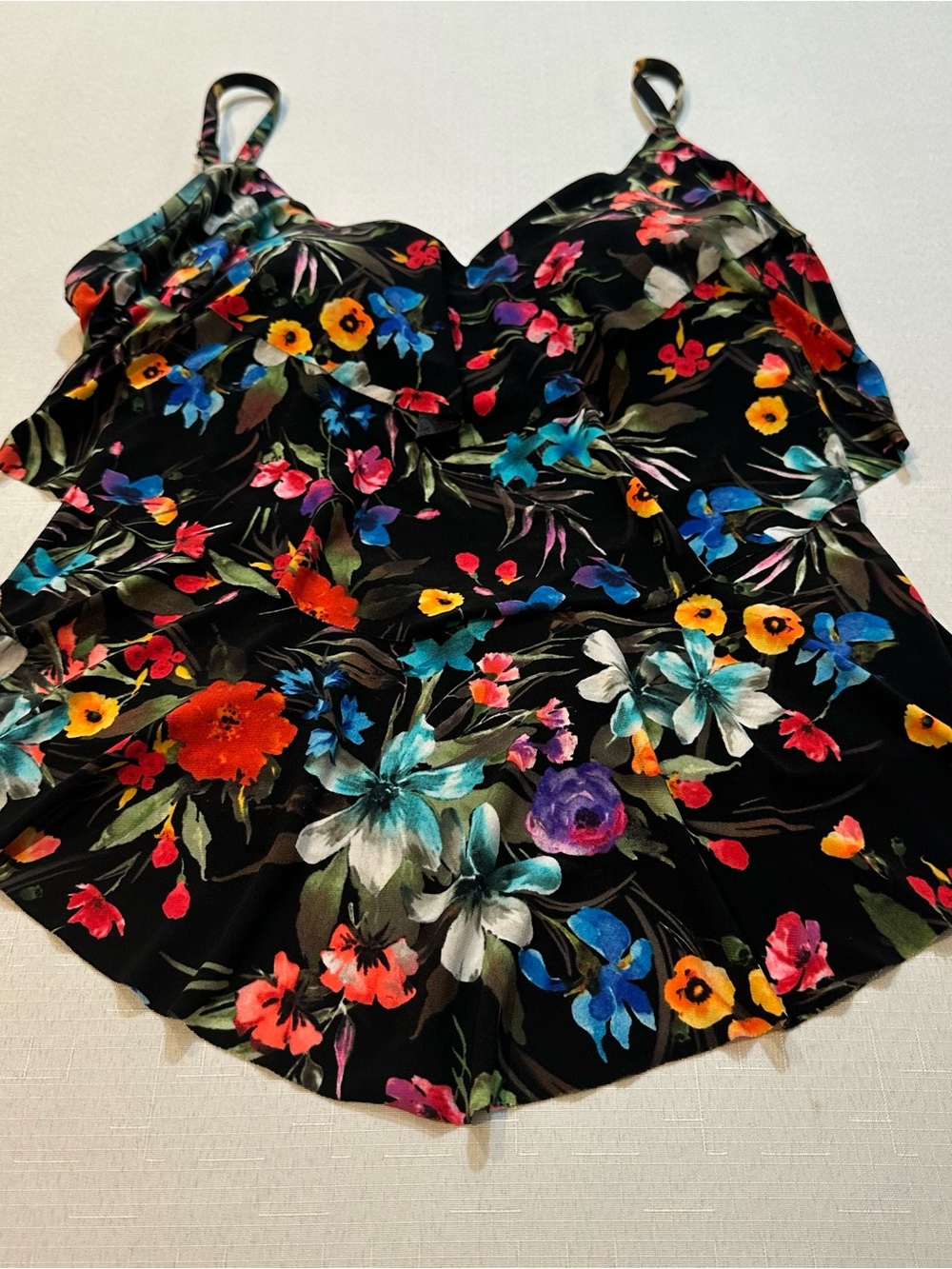 Aqua Green Floral Tankini Swim Top Medium Black Tropical Ruffle Built-In Cups - Picture 4 of 16